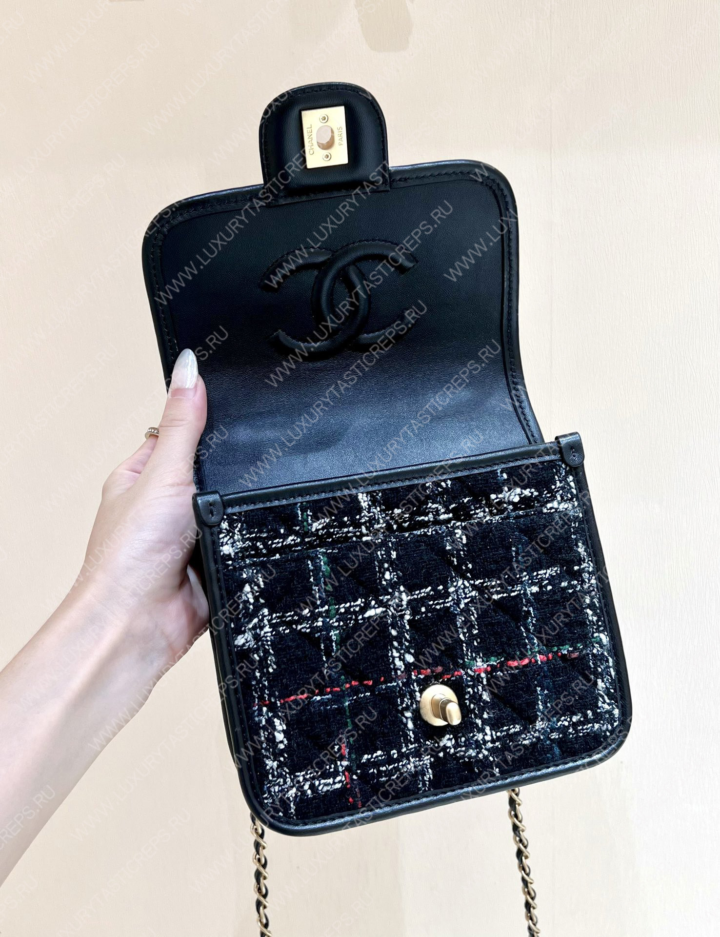 Ch*el mini flap bag with top handle black, white & multicolor as3652