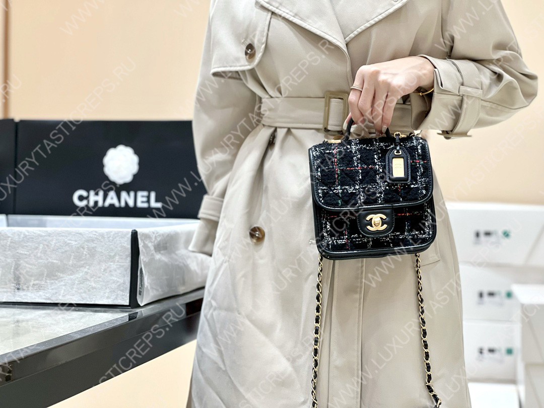 Ch*el mini flap bag with top handle black, white & multicolor as3652