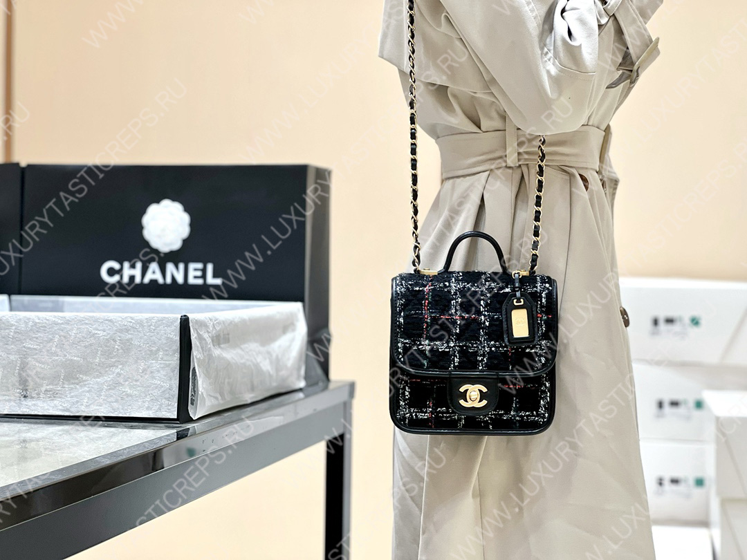 Ch*el mini flap bag with top handle black, white & multicolor as3652