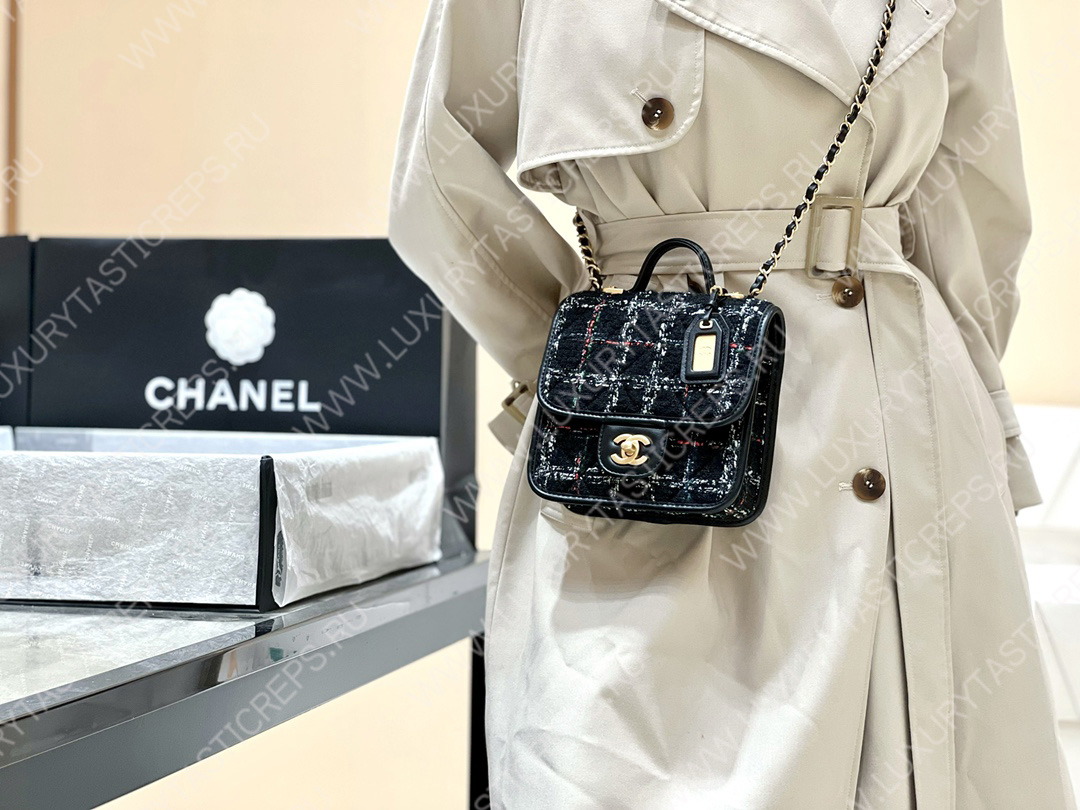 Ch*el mini flap bag with top handle black, white & multicolor as3652