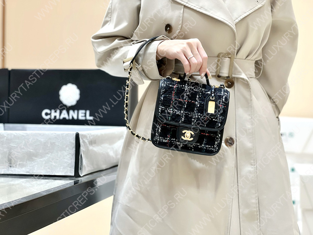 Ch*el mini flap bag with top handle black, white & multicolor as3652