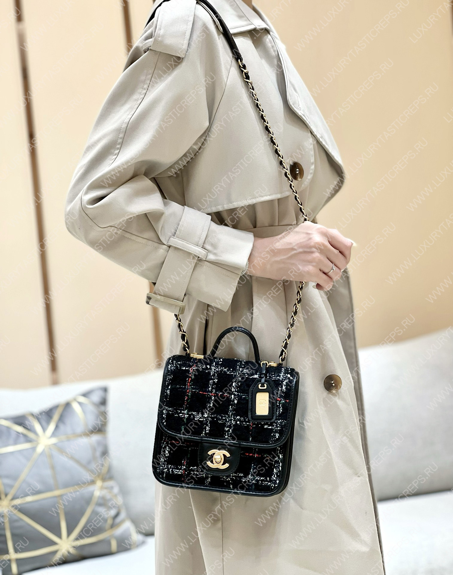 Ch*el mini flap bag with top handle black, white & multicolor as3652