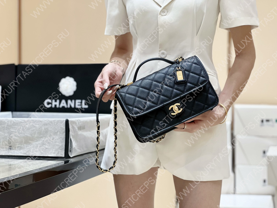 Ch*el small flap bag with top handle black as3653
