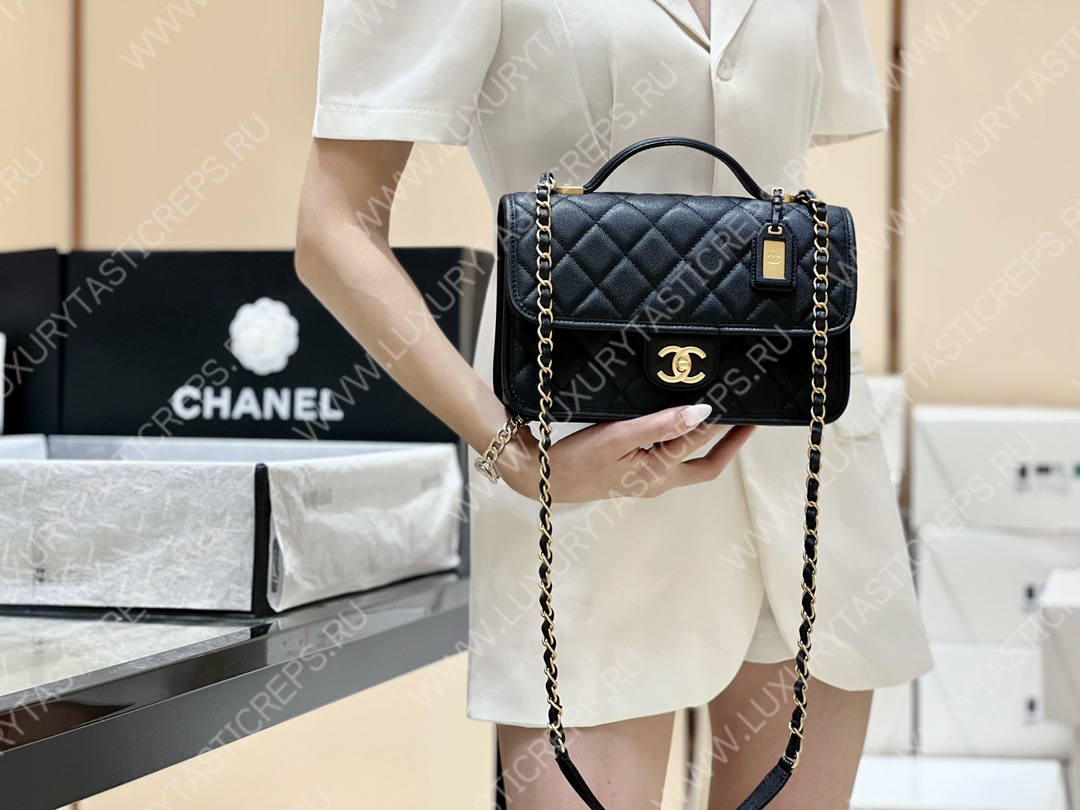 Ch*el small flap bag with top handle black as3653