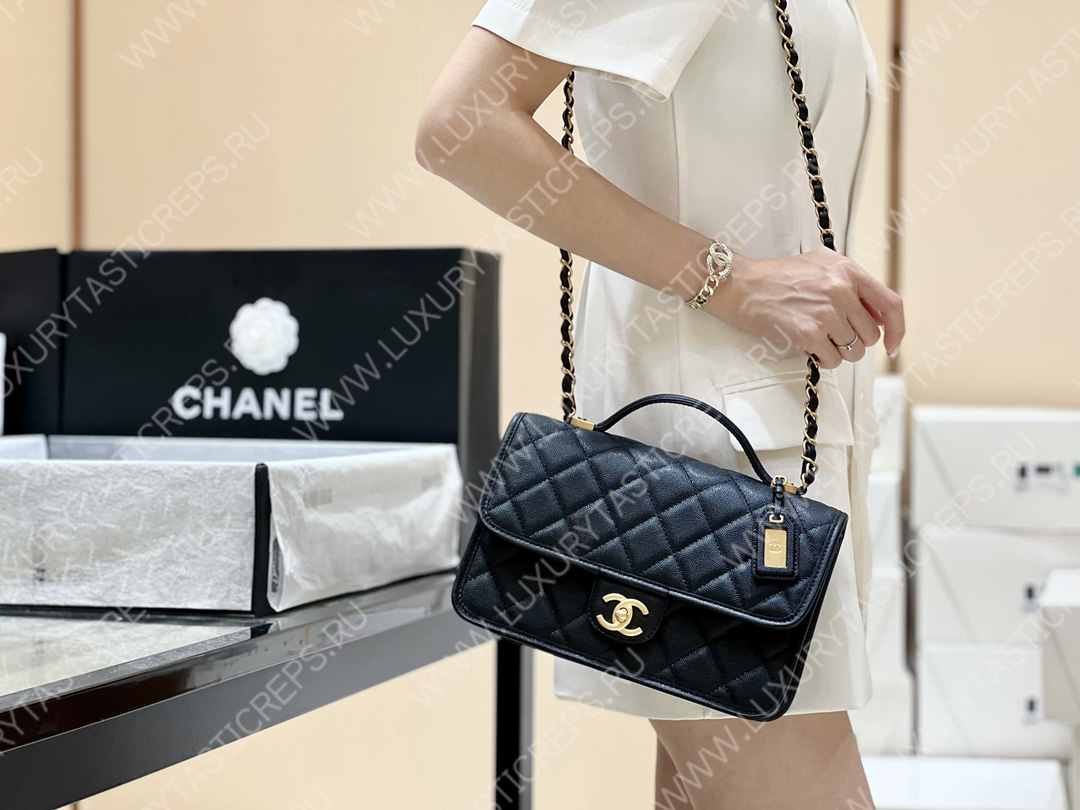 Ch*el small flap bag with top handle black as3653