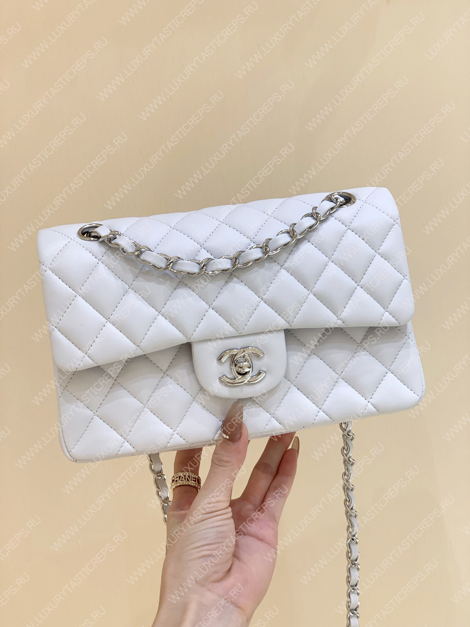 Ch*el small classic handbag bag white a01113