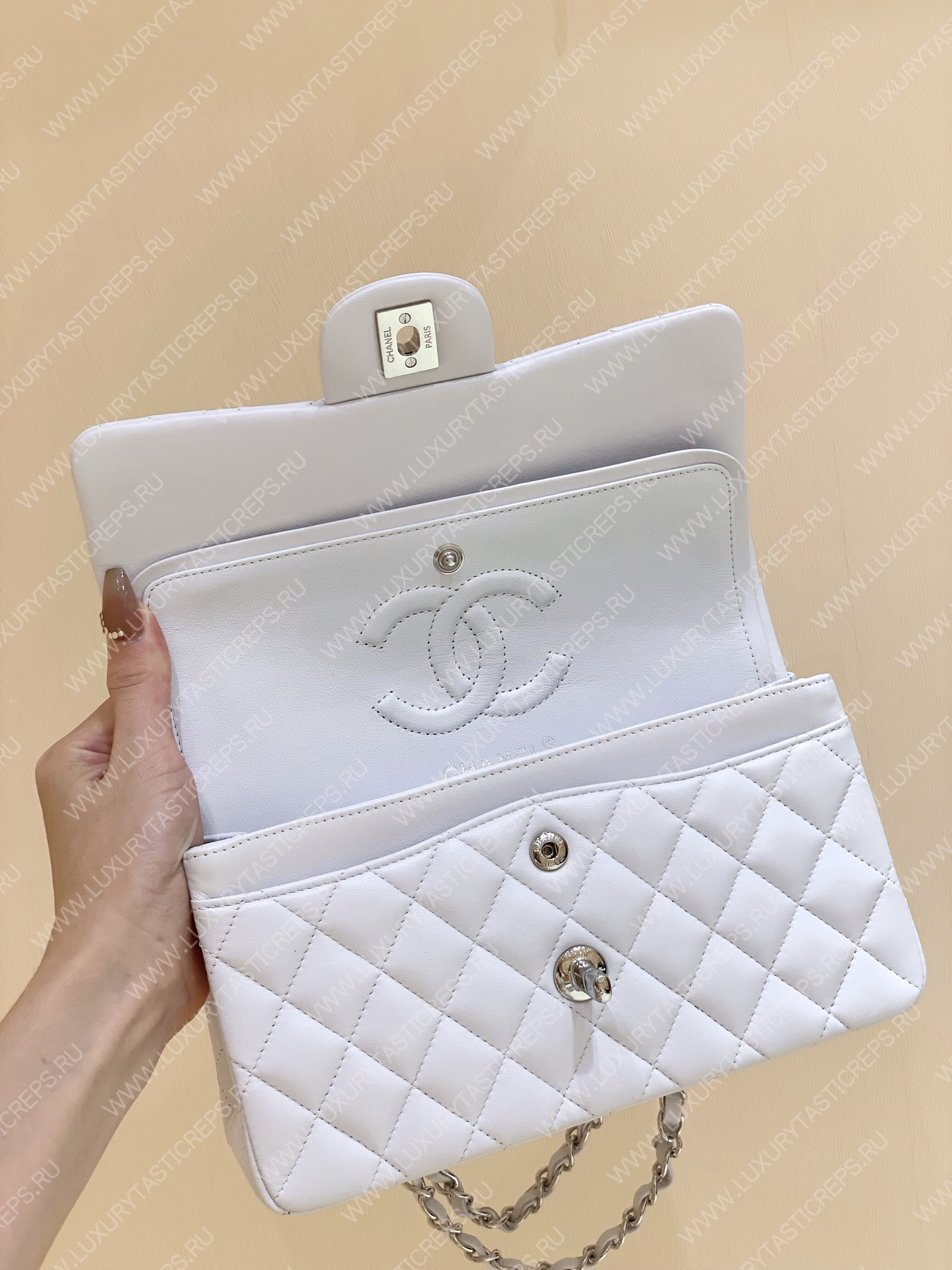 Ch*el small classic handbag bag white a01113