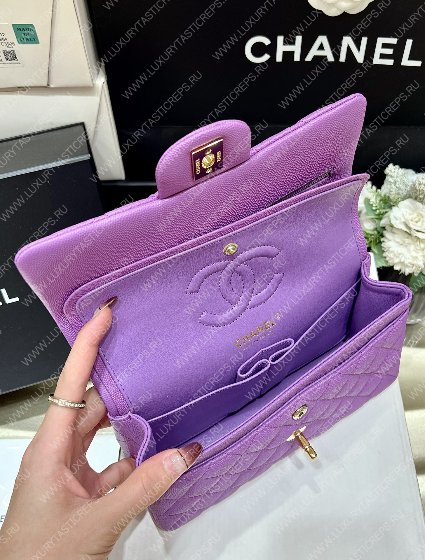 Ch*el small classic handbag bag purple a01113