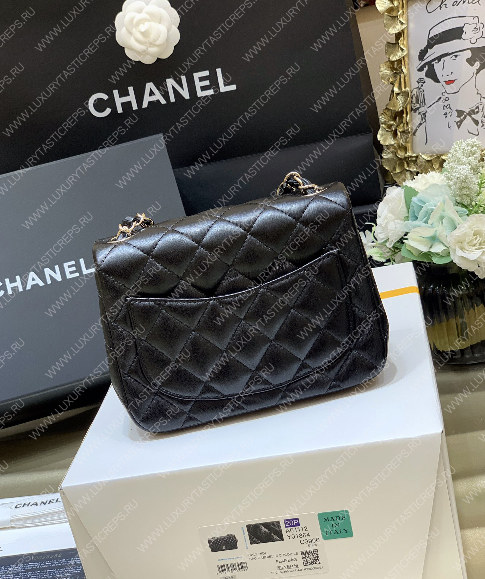 Ch*el square mini flap bag black a01115