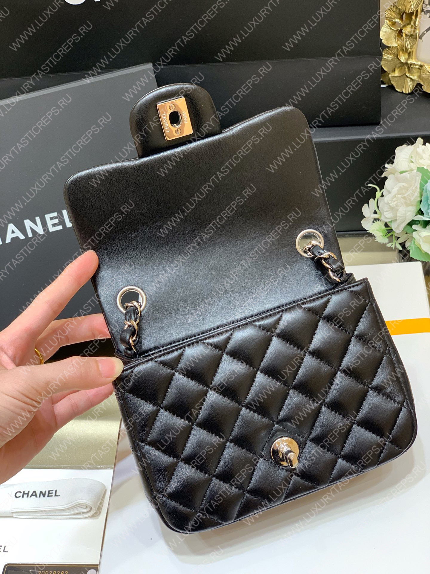 Ch*el square mini flap bag black a01115