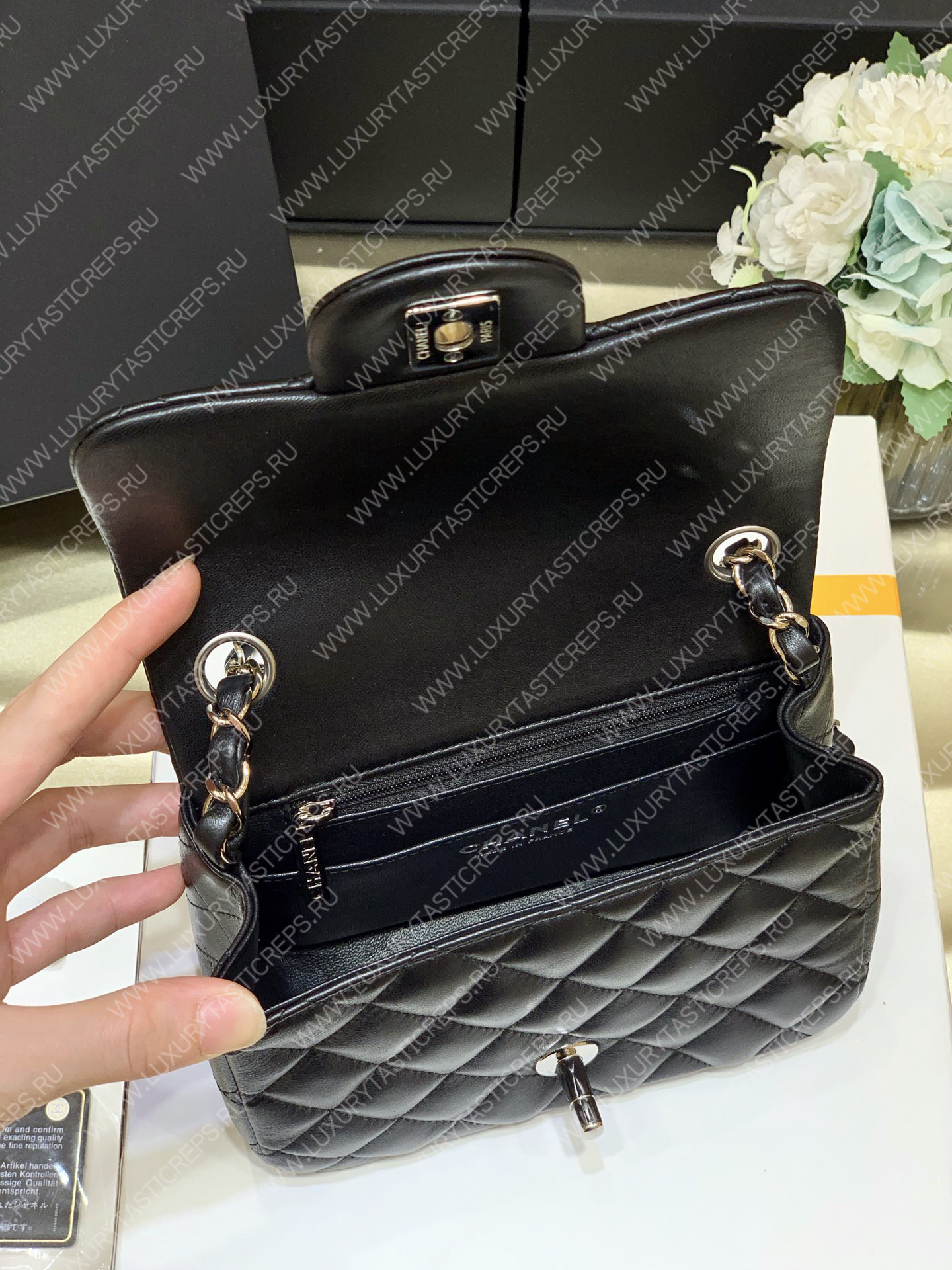Ch*el square mini flap bag black a01115