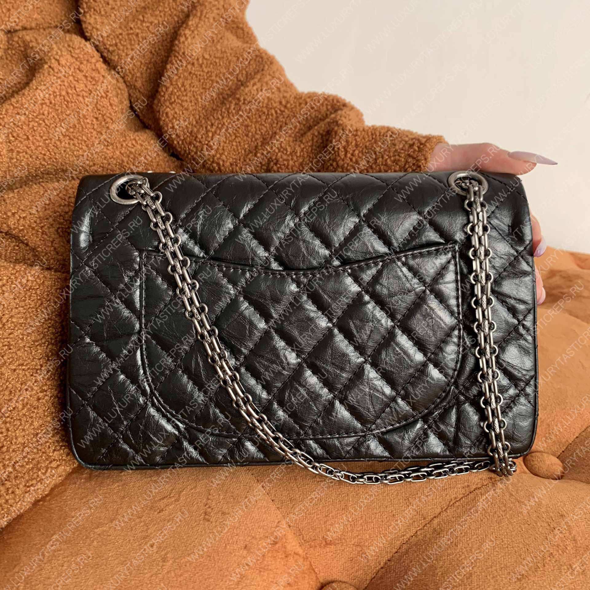 Ch*el 2.55 reissue handbag black silver chain a37586