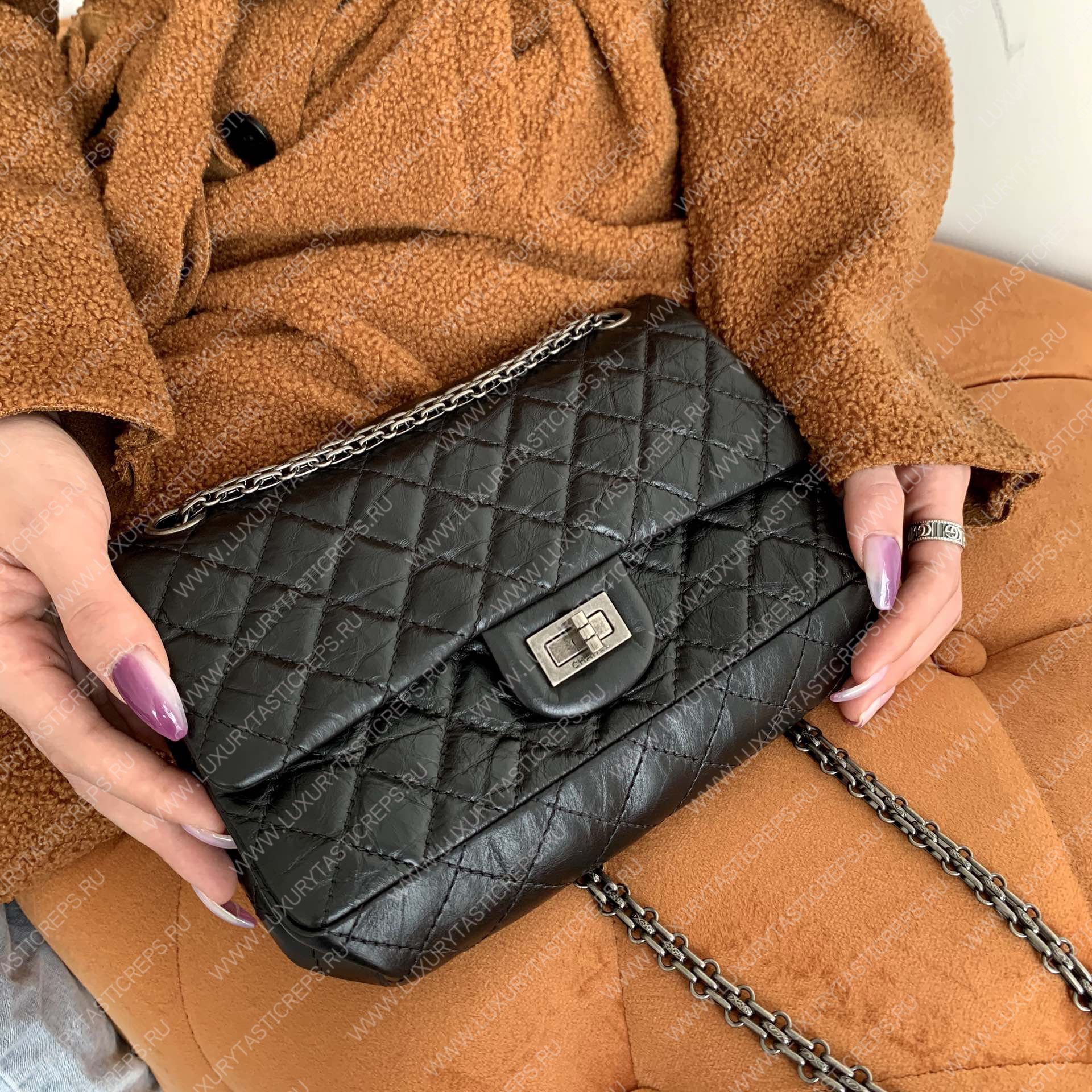 Ch*el 2.55 reissue handbag black silver chain a37586