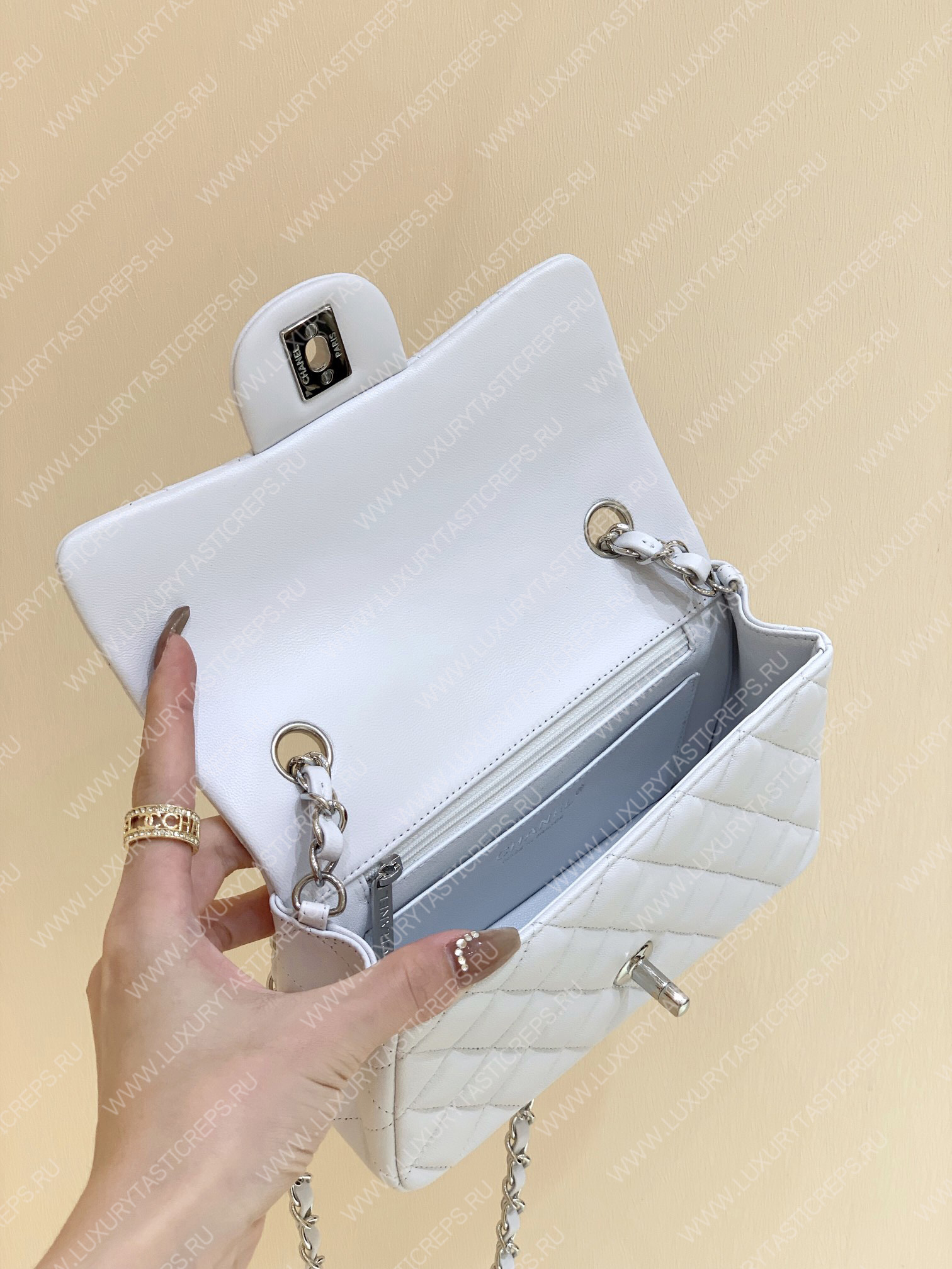 Ch*el mini classic flap bag white a01116