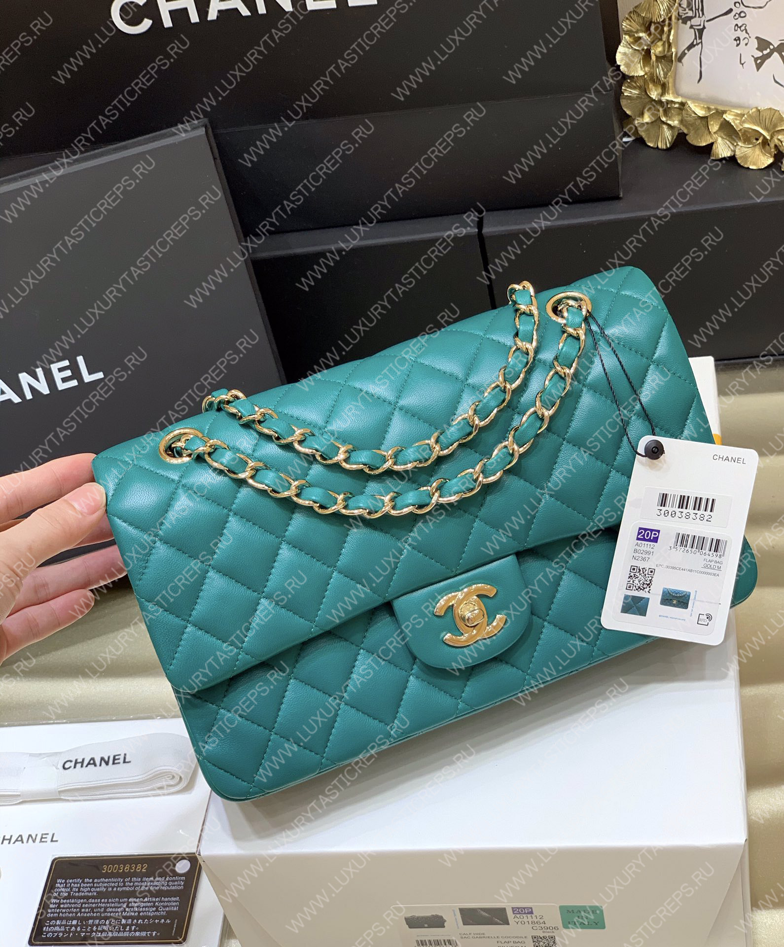 Ch*el classic handbag bag turqoise a01112