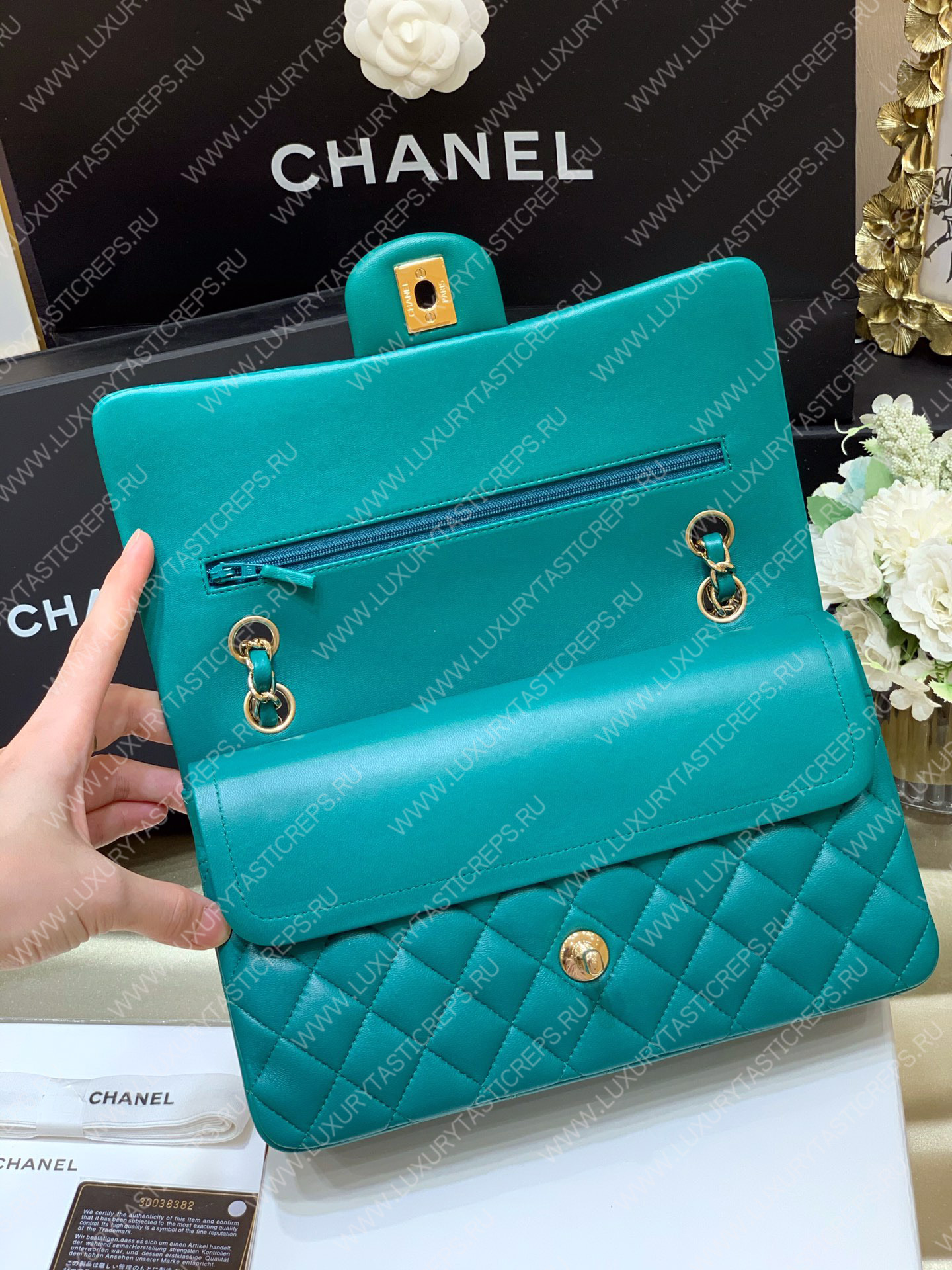 Ch*el classic handbag bag turqoise a01112