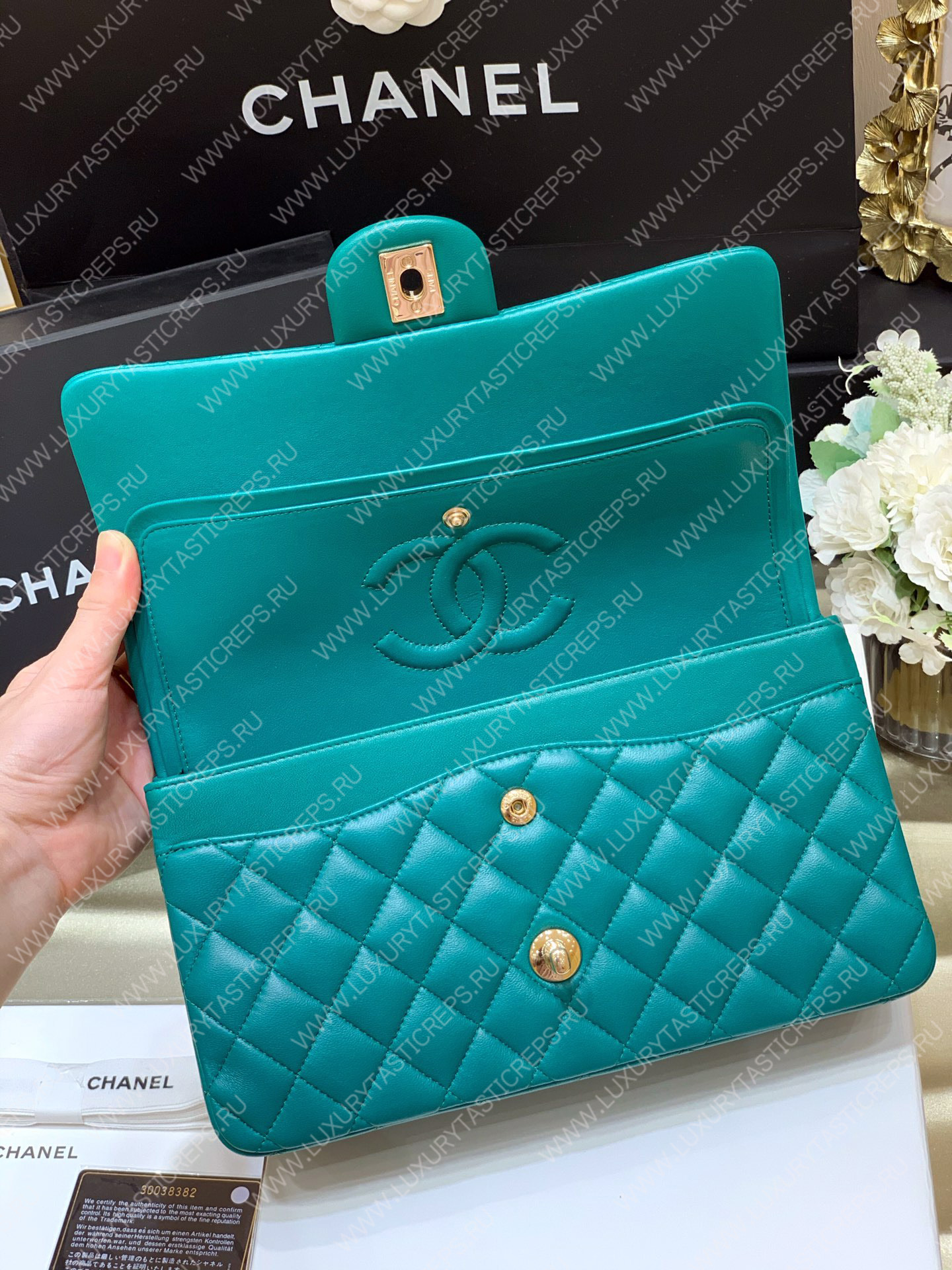 Ch*el classic handbag bag turqoise a01112