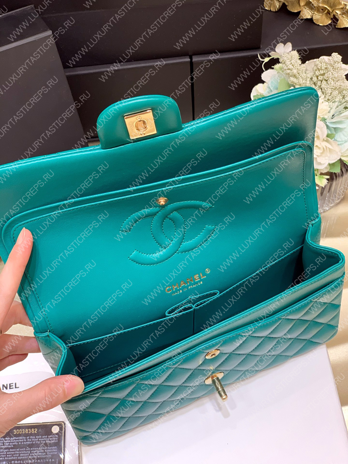 Ch*el classic handbag bag turqoise a01112