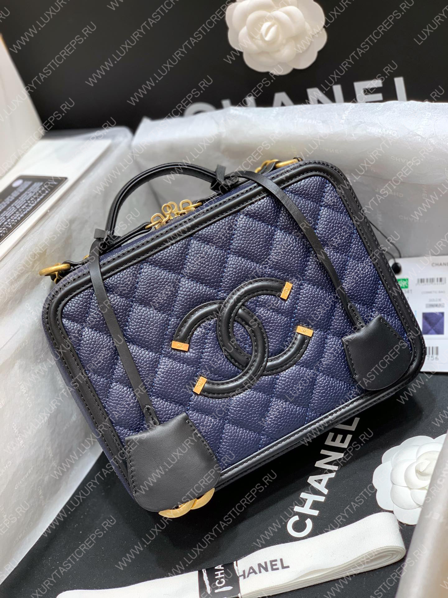 Ch*el vanity case medium black and blue a93341