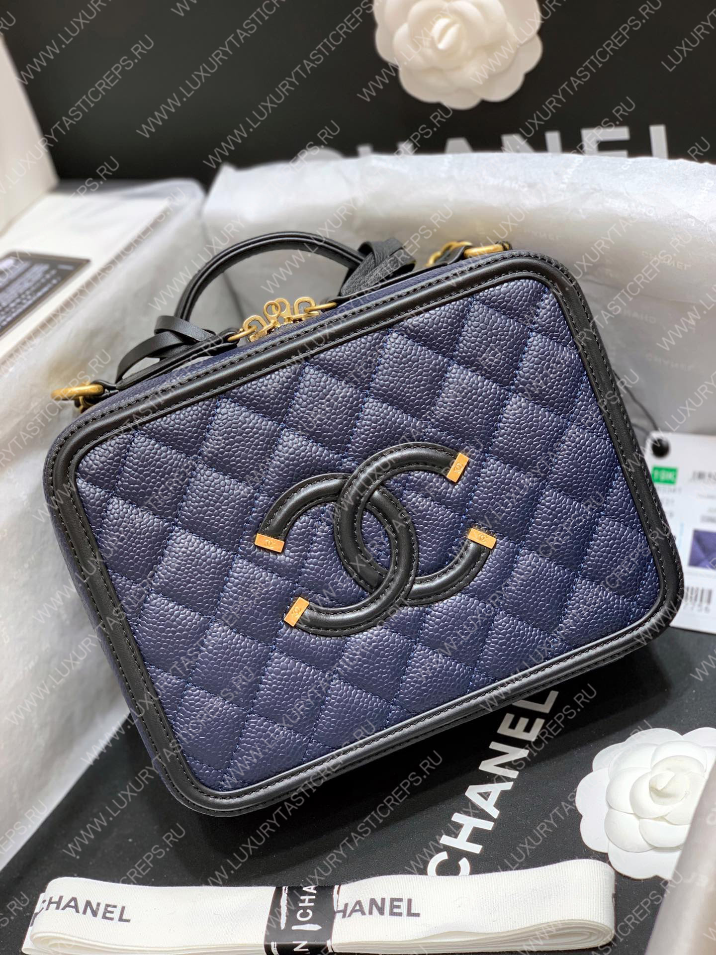 Ch*el vanity case medium black and blue a93341