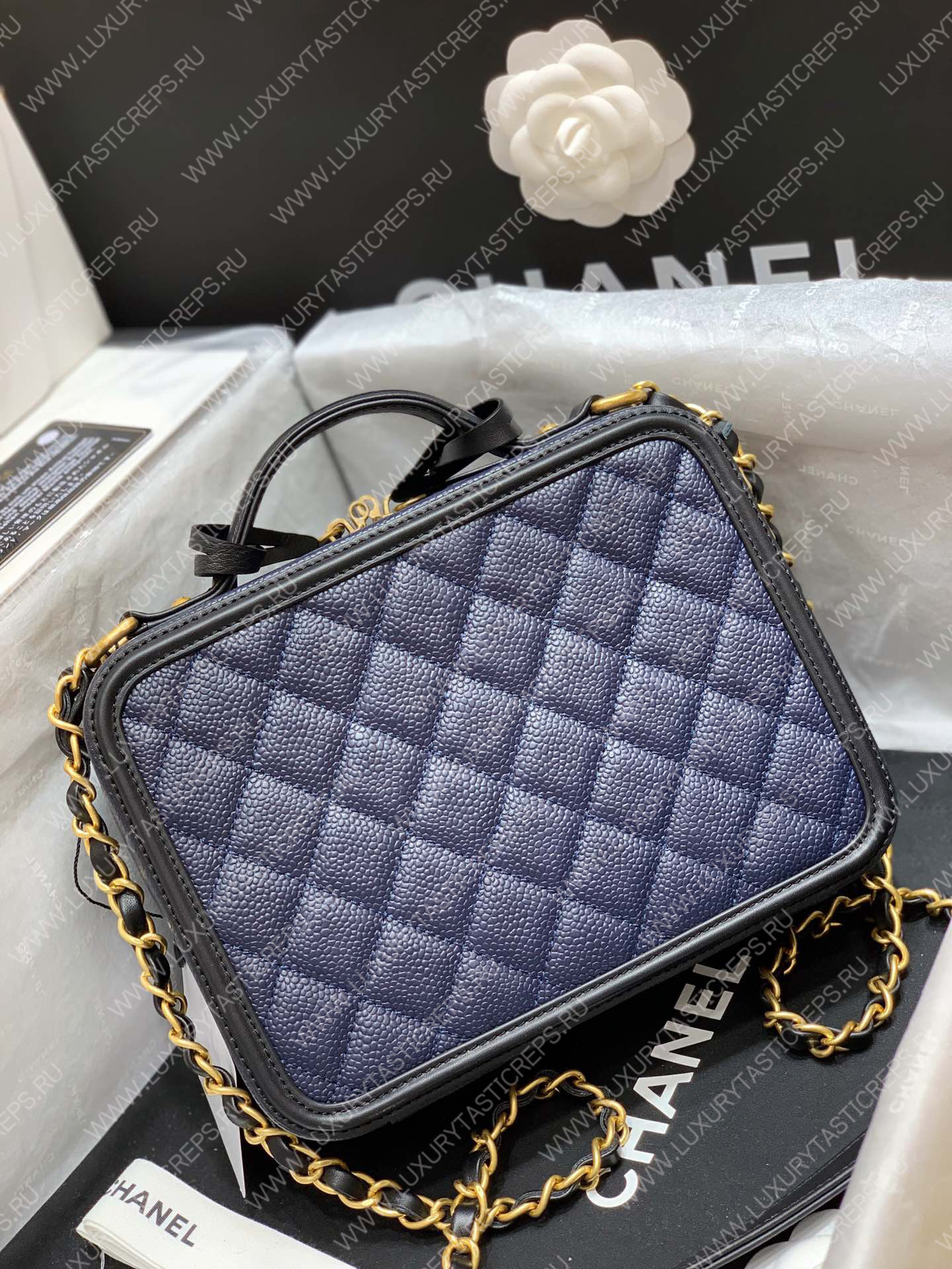 Ch*el vanity case medium black and blue a93341