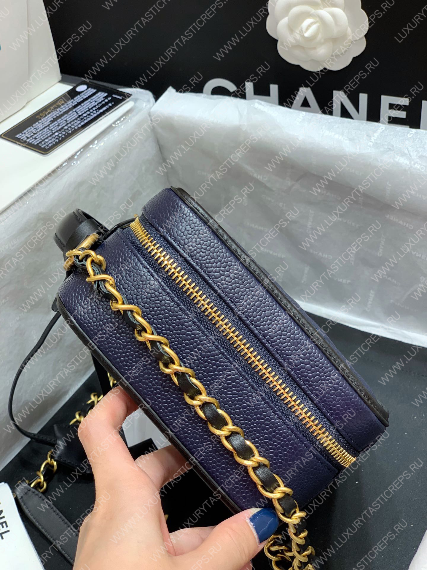 Ch*el vanity case medium black and blue a93341