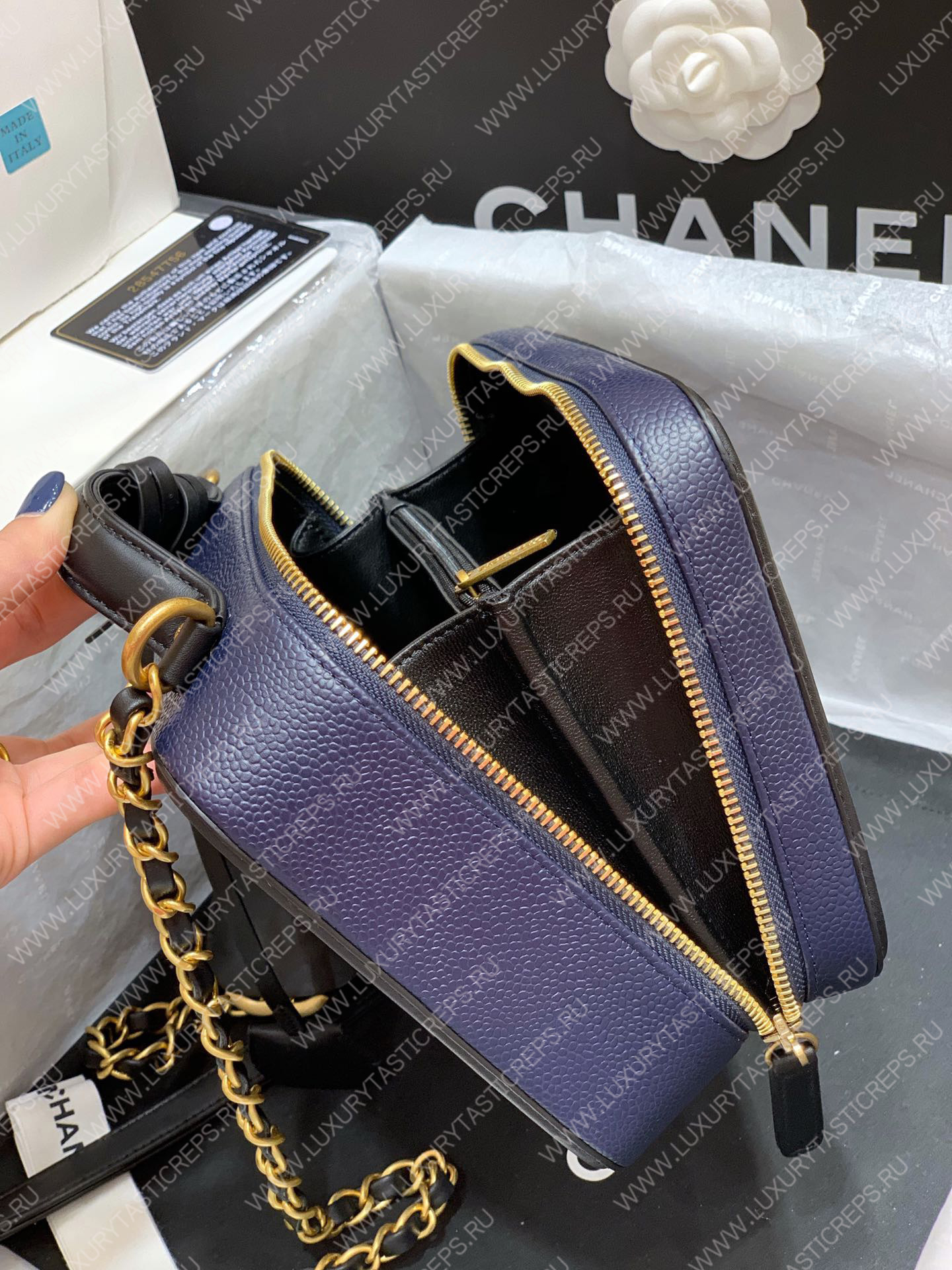 Ch*el vanity case medium black and blue a93341