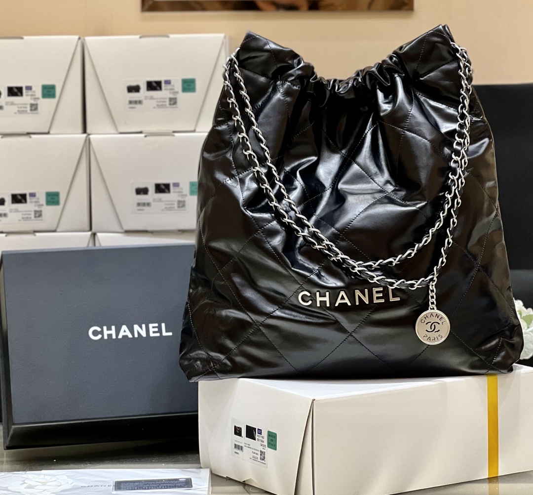 Ch*el 22 large shopping bag black as3262