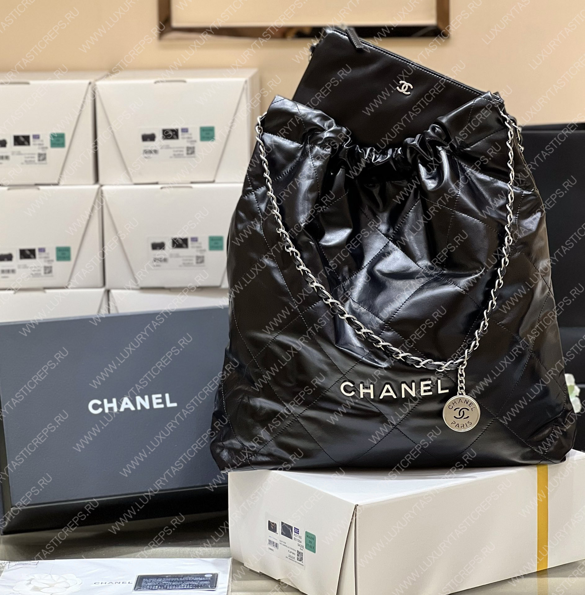 Ch*el 22 large shopping bag black as3262