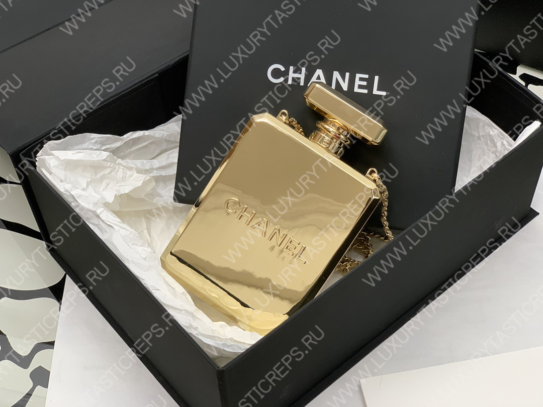 Ch*el evening clutch perfume bottle bag metal gold as3246
