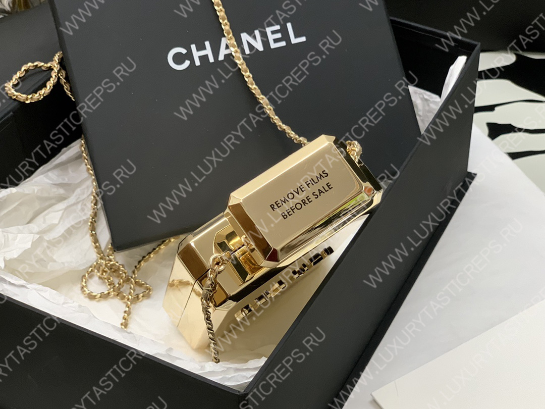 Ch*el evening clutch perfume bottle bag metal gold as3246