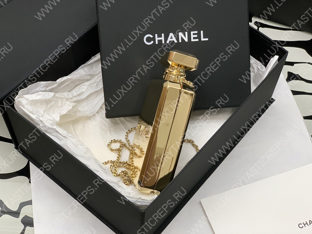 Ch*el evening clutch perfume bottle bag metal gold as3246