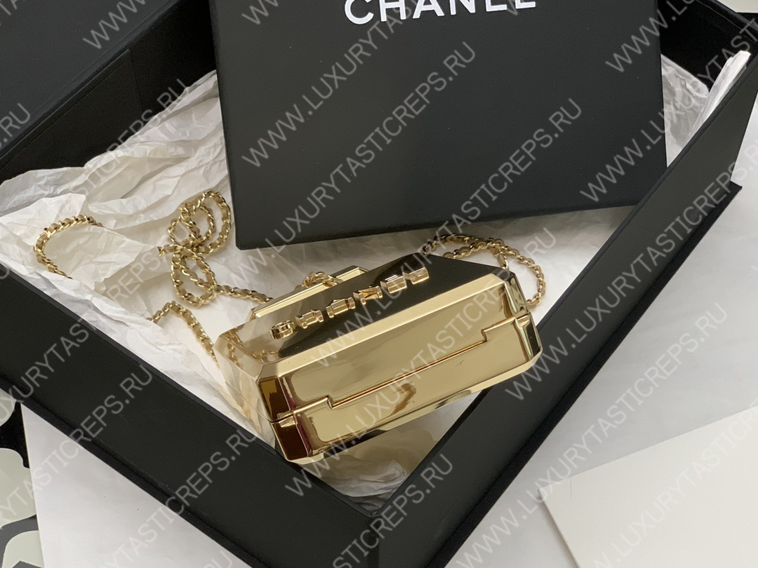 Ch*el evening clutch perfume bottle bag metal gold as3246