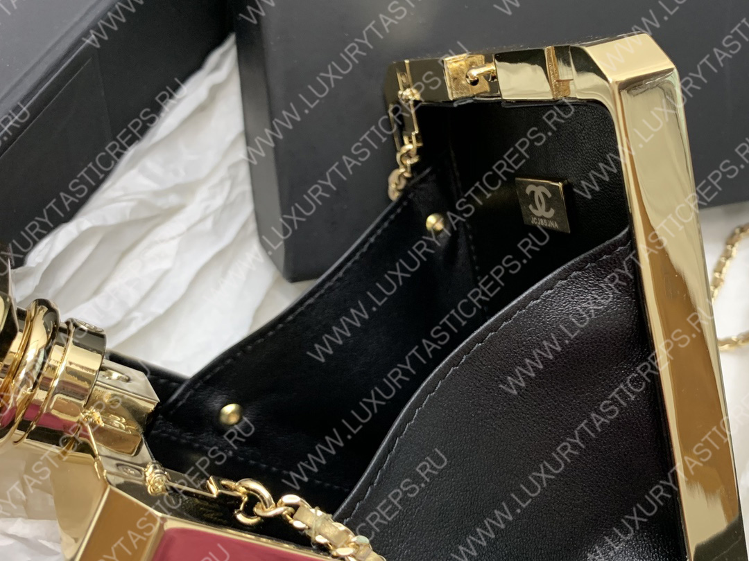 Ch*el evening clutch perfume bottle bag metal gold as3246