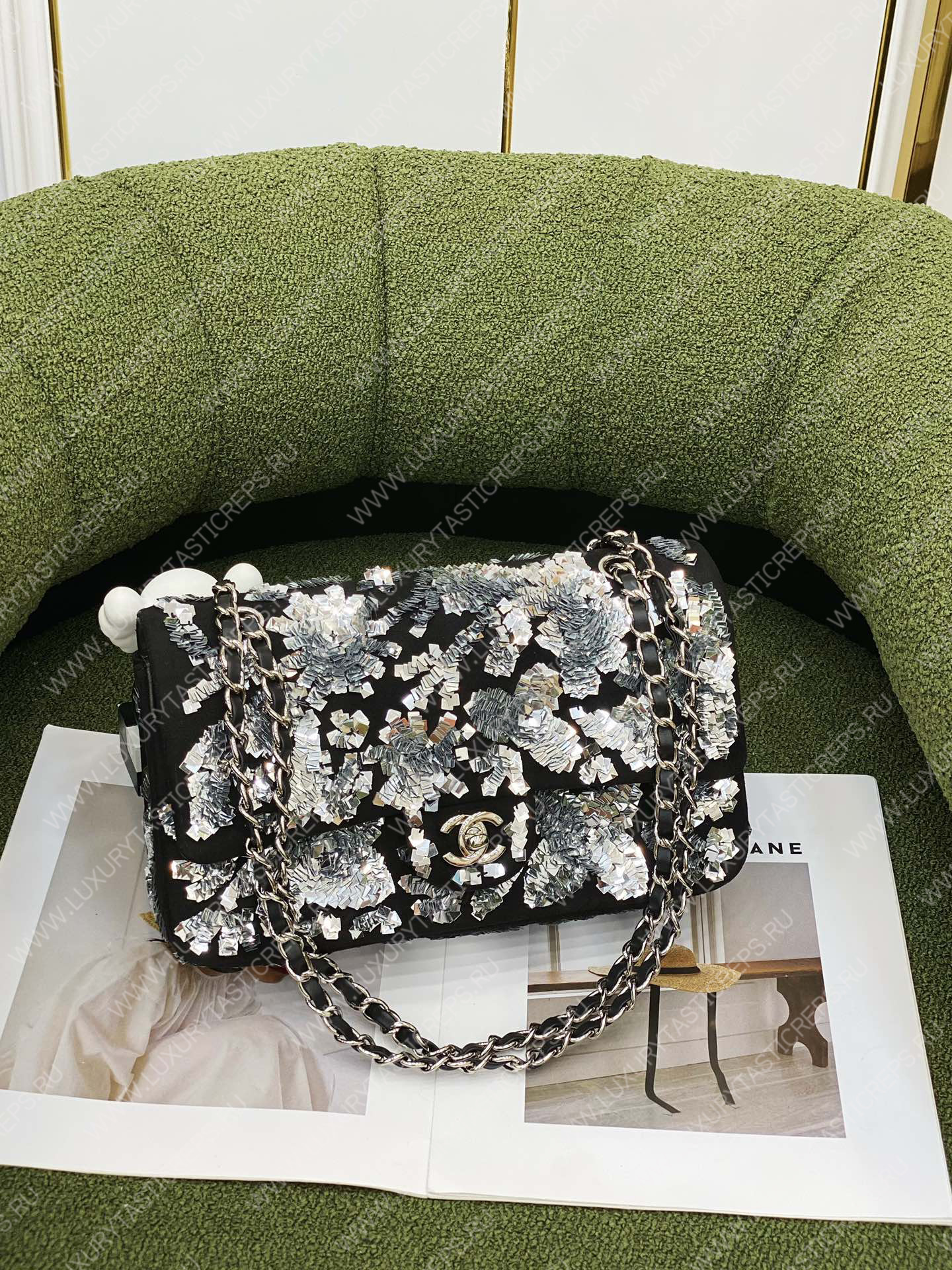 Ch*el mini flap bag embroidered tweed sequins black a69900