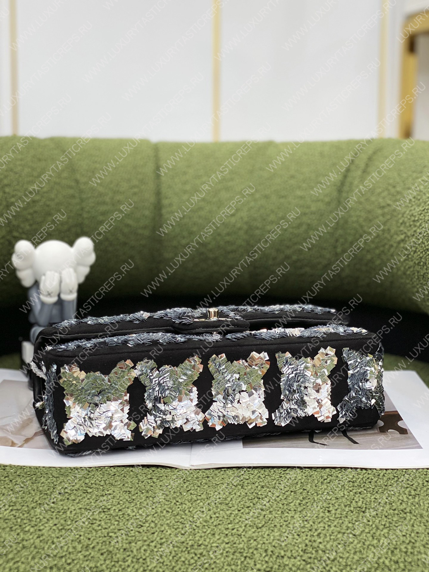 Ch*el mini flap bag embroidered tweed sequins black a69900