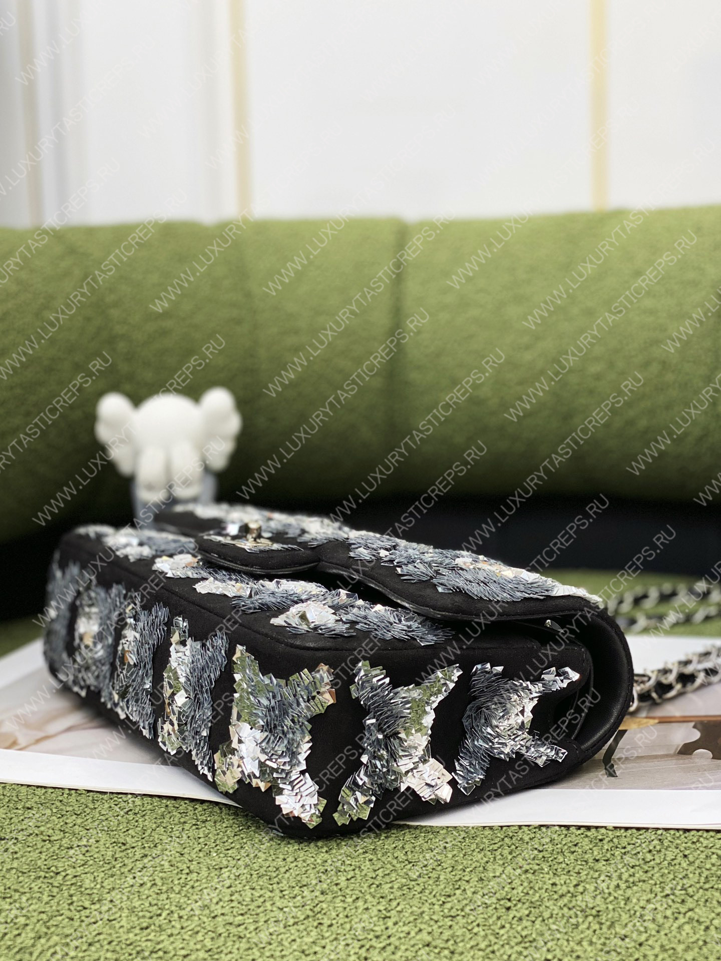 Ch*el mini flap bag embroidered tweed sequins black a69900