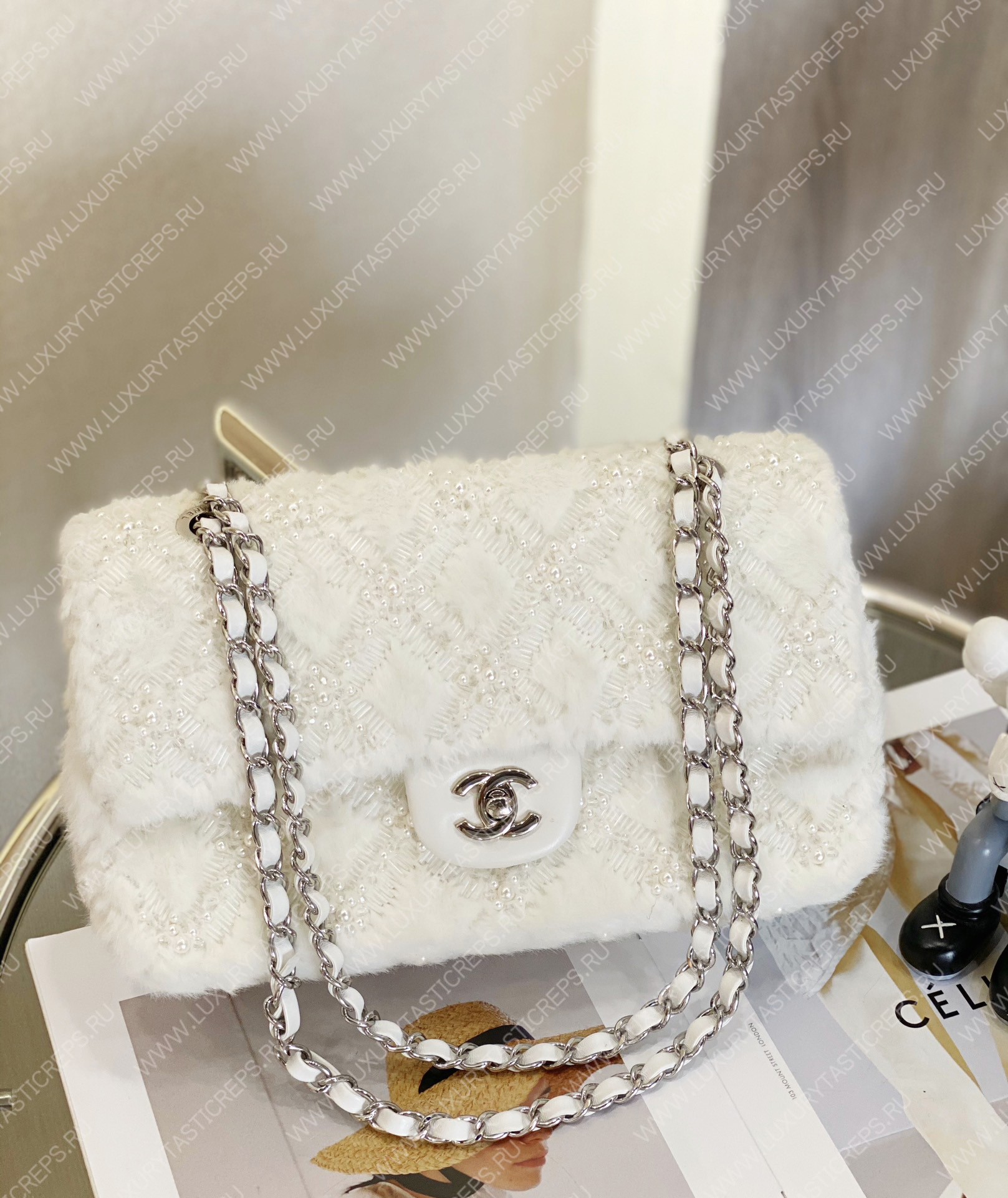 Ch*el classic pearl embellished handbag white a01112