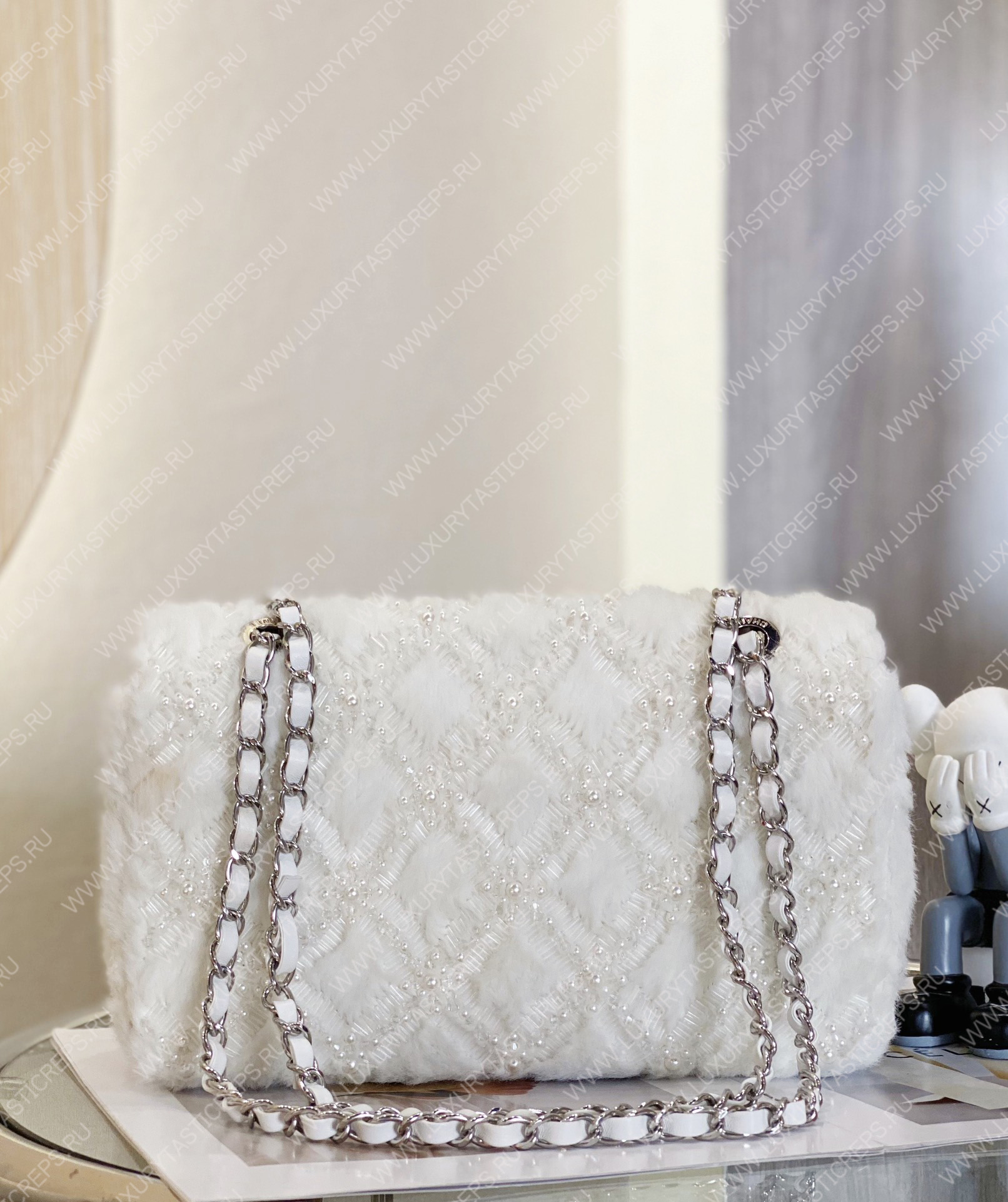 Ch*el classic pearl embellished handbag white a01112