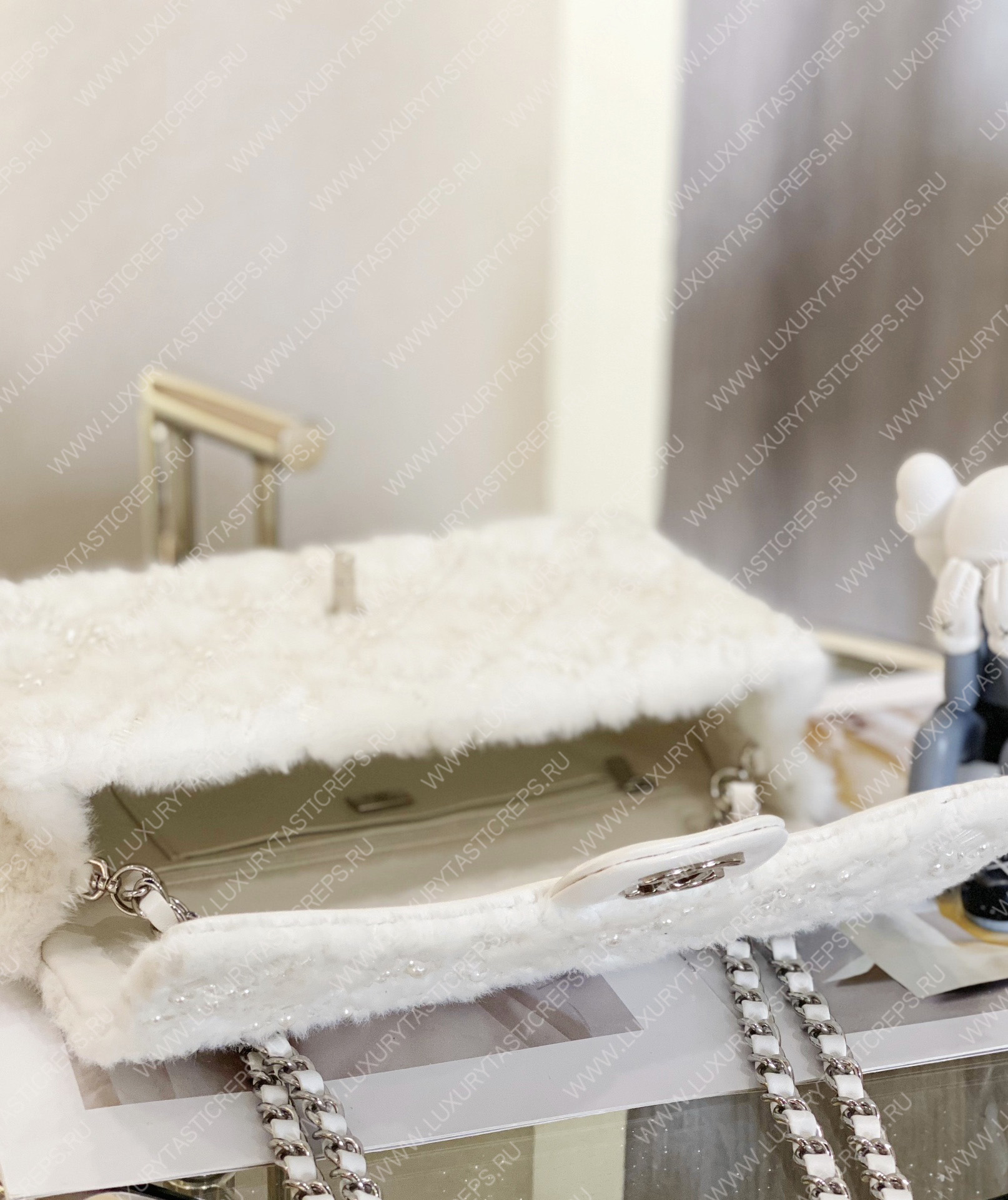 Ch*el classic pearl embellished handbag white a01112