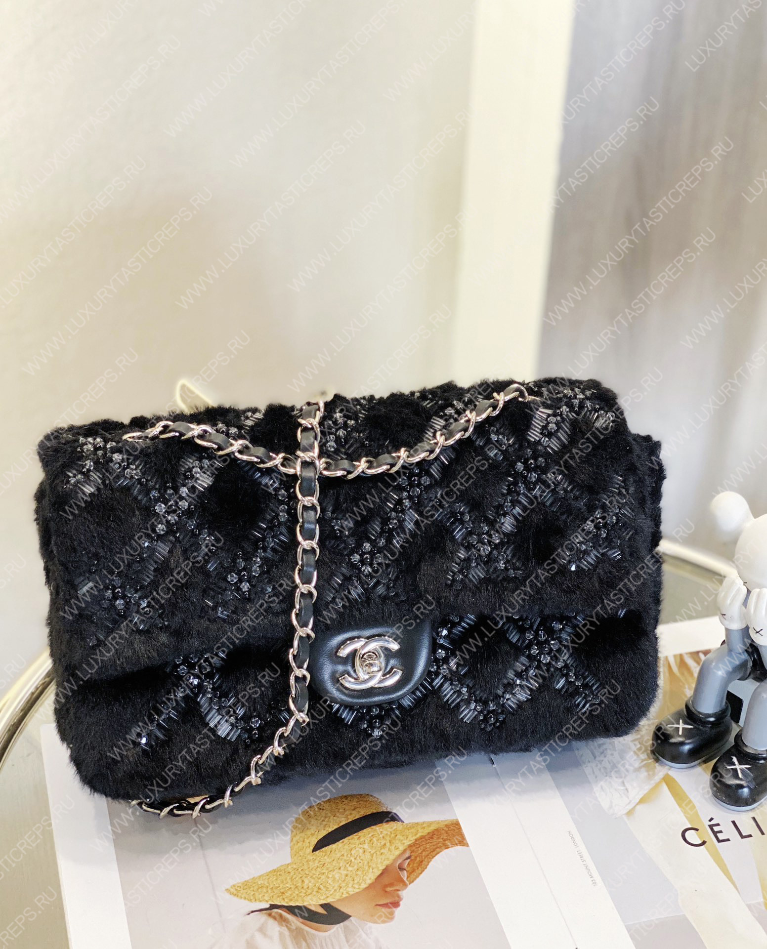 Ch*el classic pearl embellished handbag black a01112