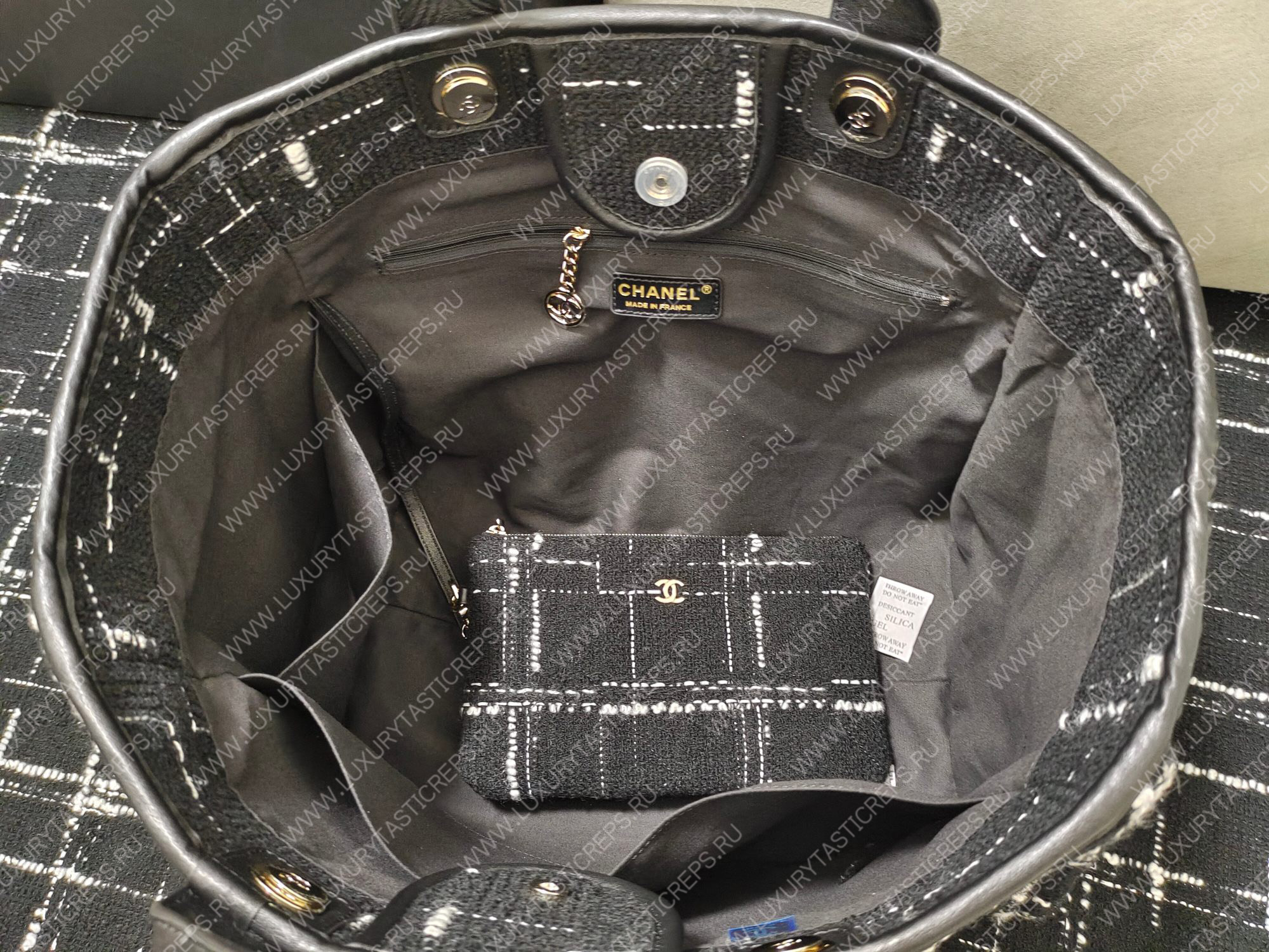 Ch*el large shopping bag black white & multicolor a66941