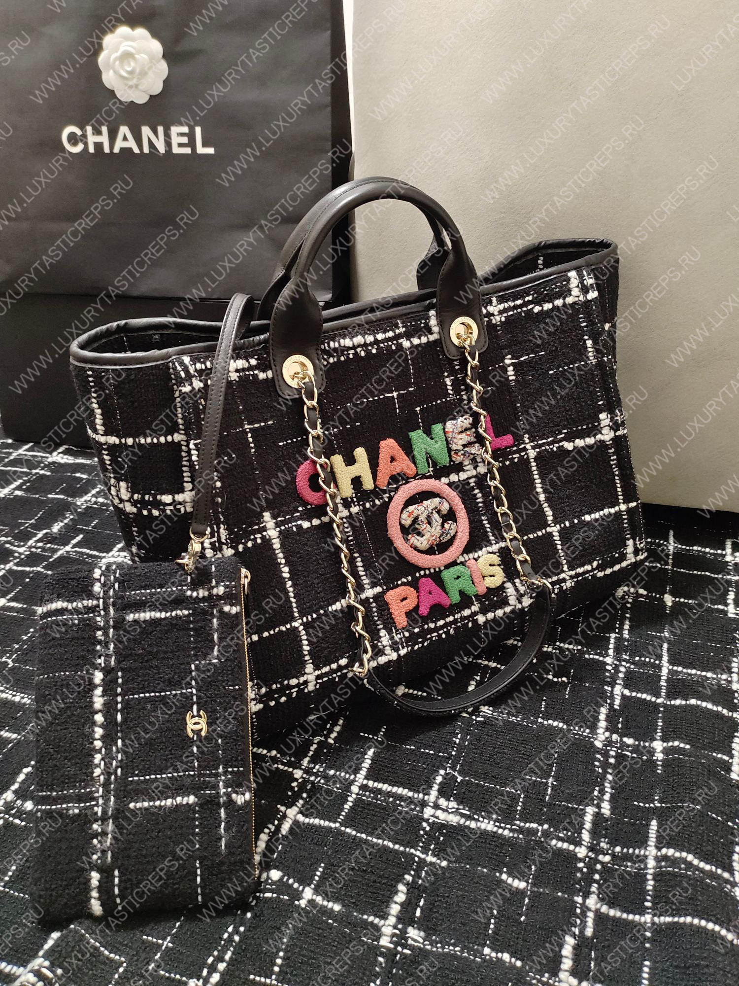 Ch*el large shopping bag black white & multicolor a66941