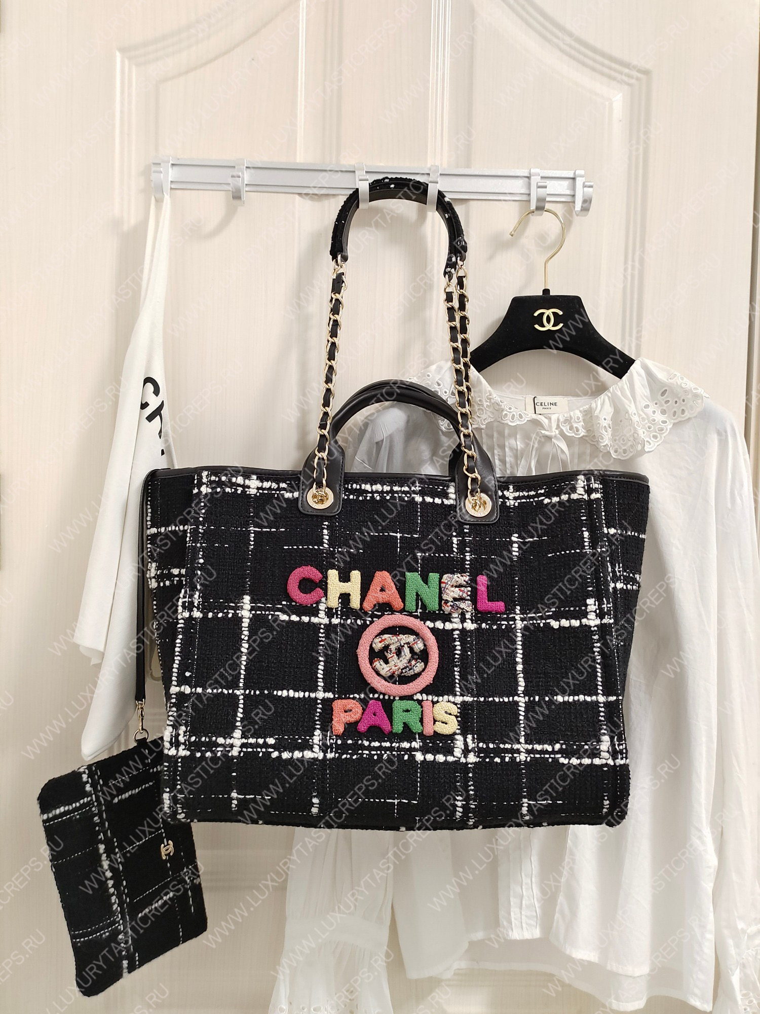 Ch*el large shopping bag black white & multicolor a66941