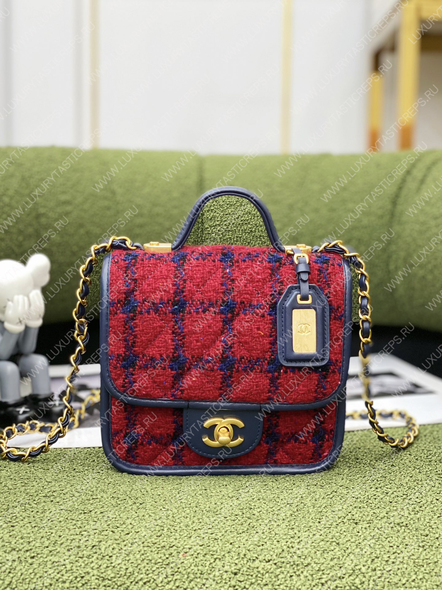 Ch*el mini flap bag with top handle red, navy blue & multicolor as3653