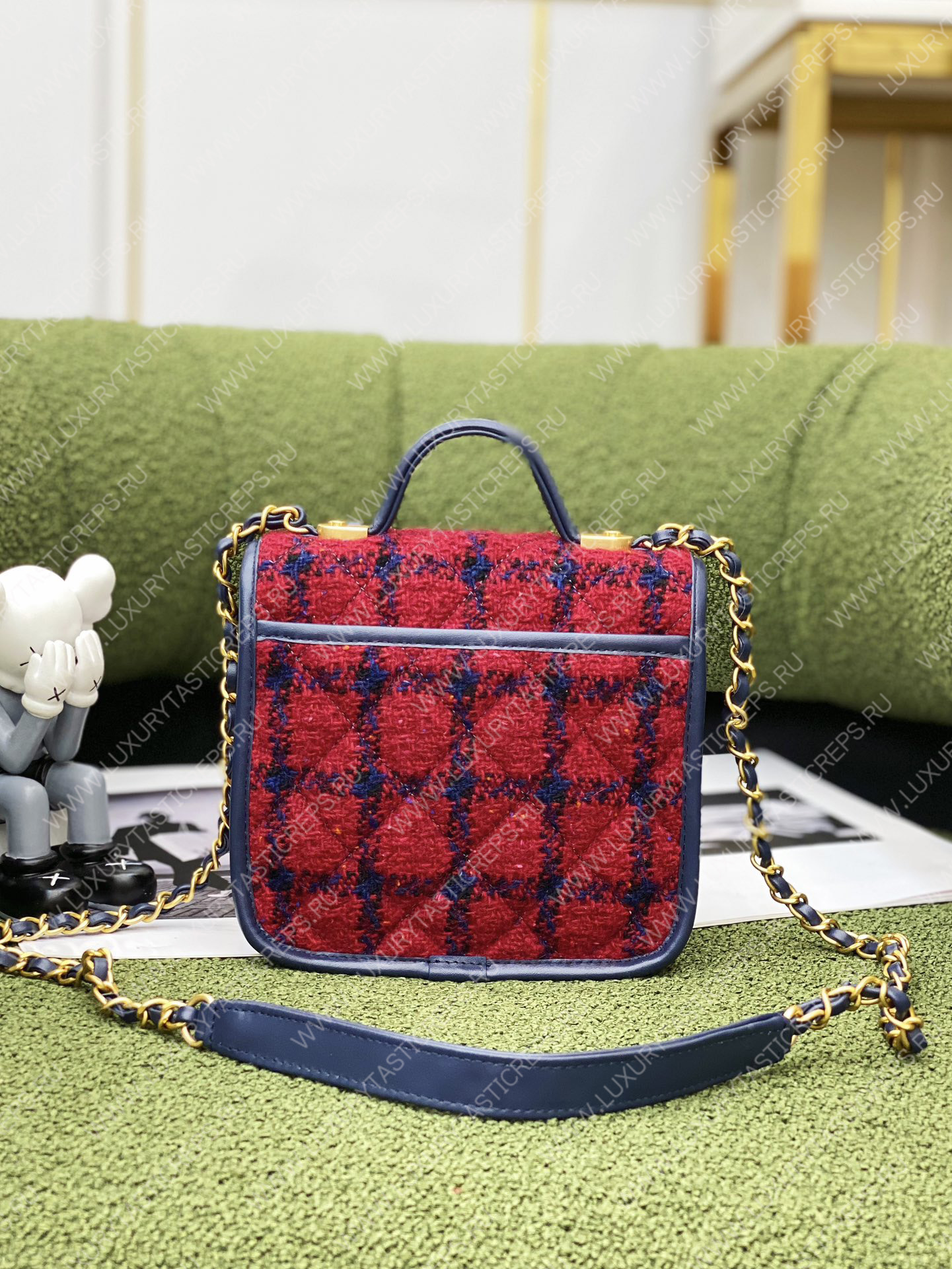 Ch*el mini flap bag with top handle red, navy blue & multicolor as3653