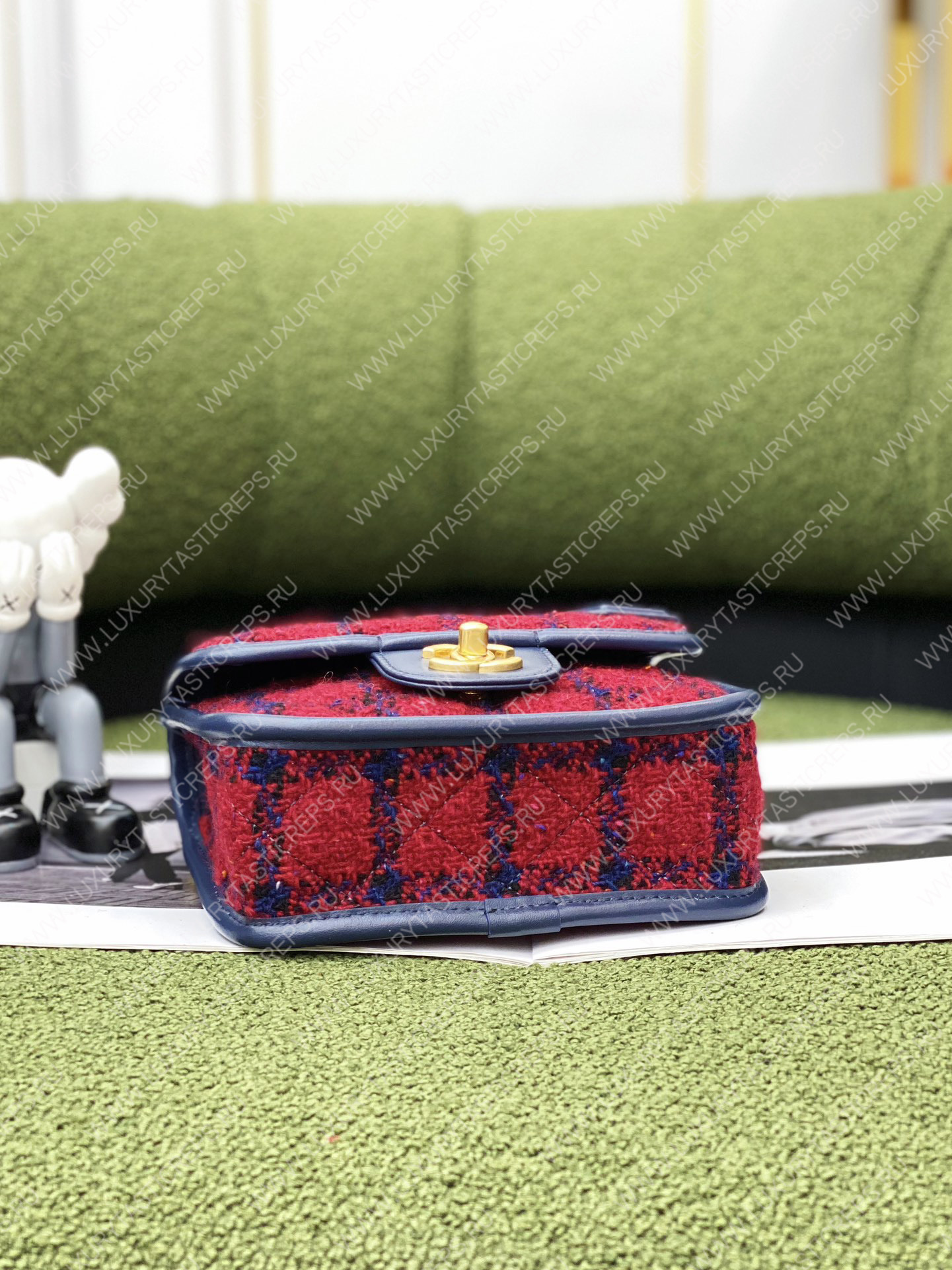 Ch*el mini flap bag with top handle red, navy blue & multicolor as3653