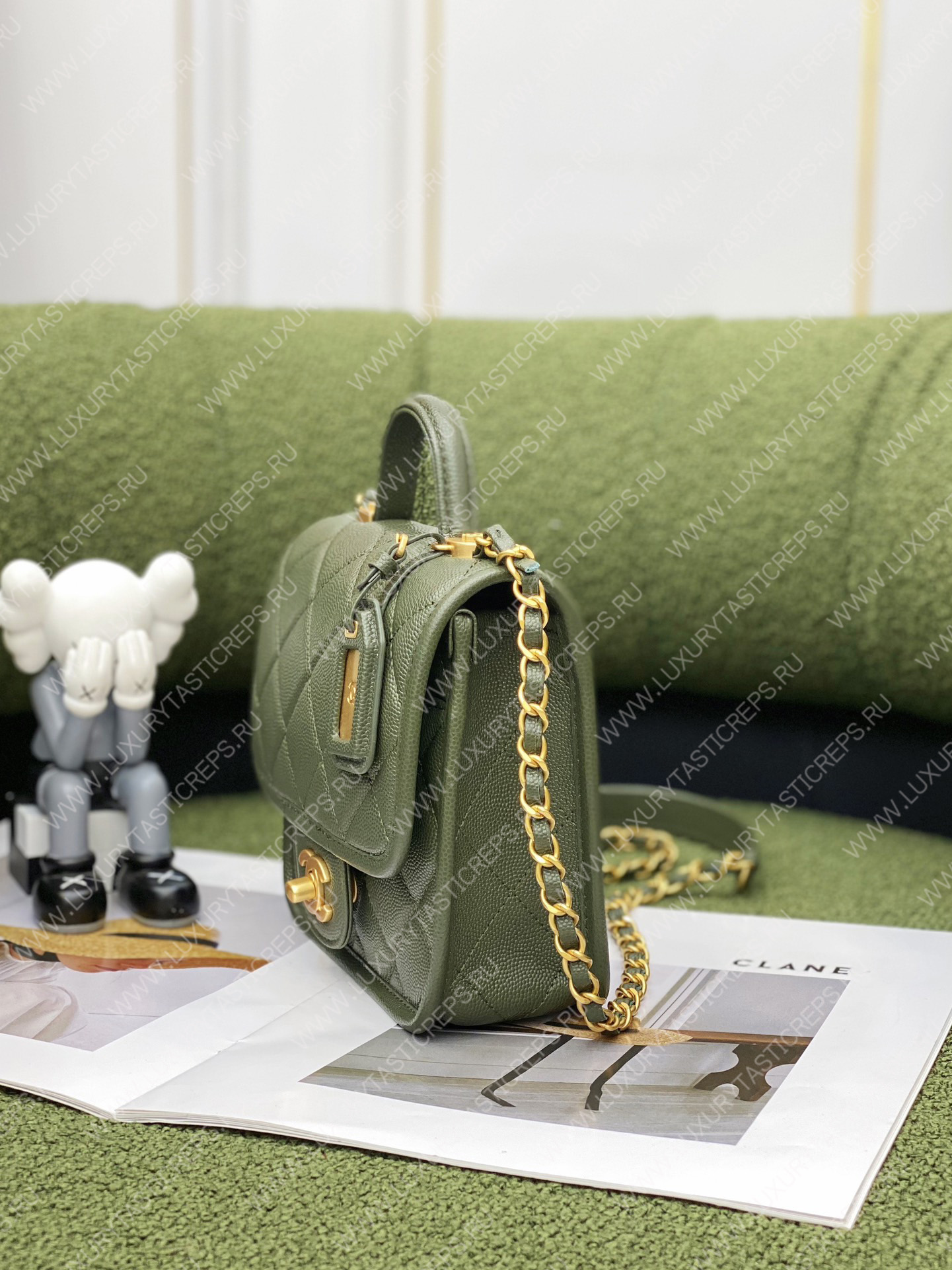 Ch*el mini flap bag with top handle green as3653