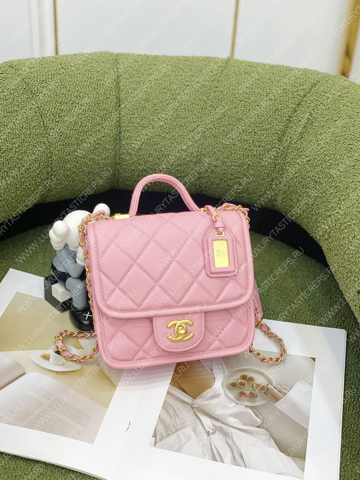 Ch*el mini flap bag with top handle pink as3653