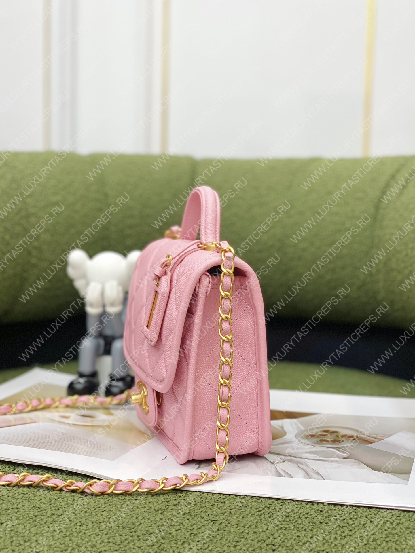 Ch*el mini flap bag with top handle pink as3653